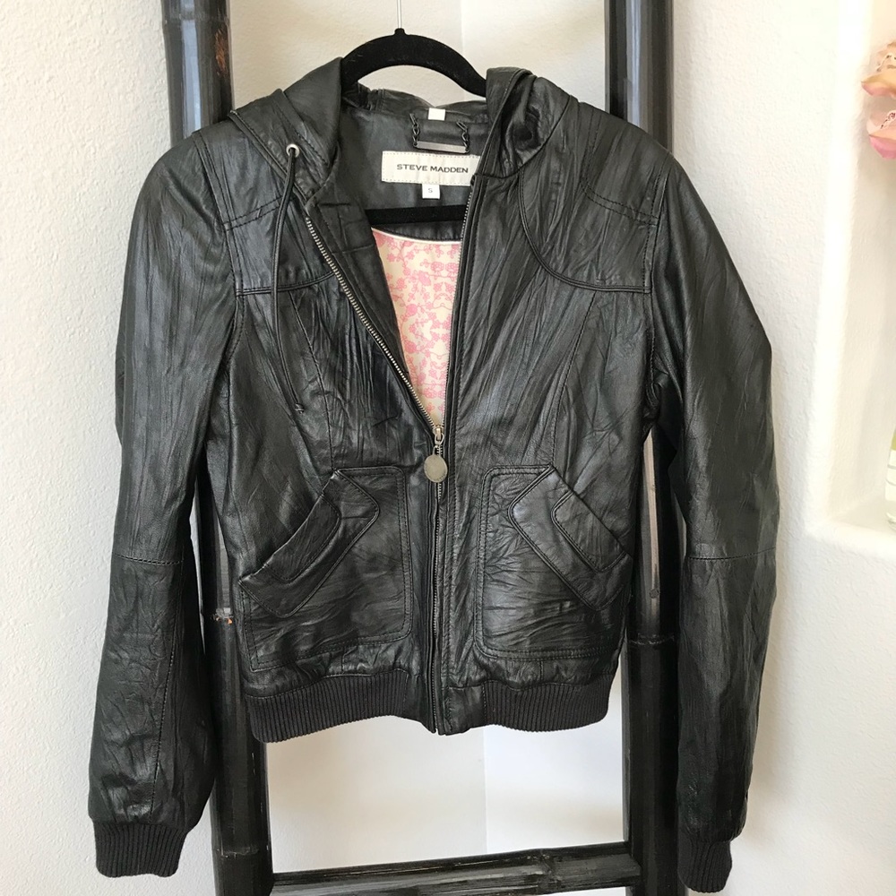 Steve Madden leather hooded bomber jacket